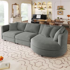 111.4 in. Straight Arm Chenille Modern Curved Sofa in Gray with 3-Pillows