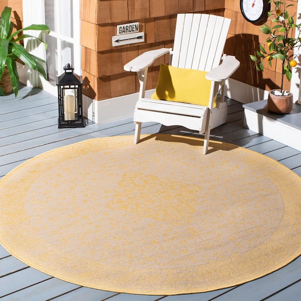Courtyard Beige/Gold 7 ft. x 7 ft. Medallion Floral Border Indoor/Outdoor Round Area Rug