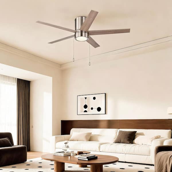52 in. Brushed Nickel 3-Speed 3CCT Indoor Standard Flush Mount DC Motor Ceiling Fan with LED Light Kit and Pull Chain