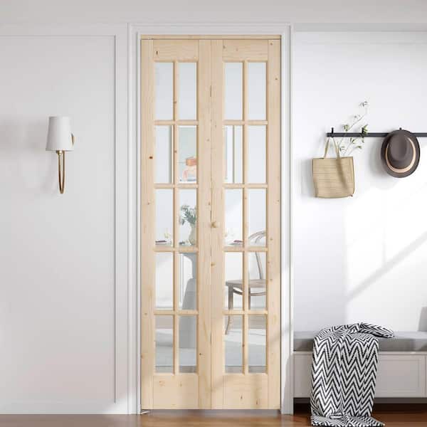 28 in. x 80 in. Pre Assembled Clear Glass Unfinished Solid Core Wood Brown Unfinished Bi-fold Door with Hardware