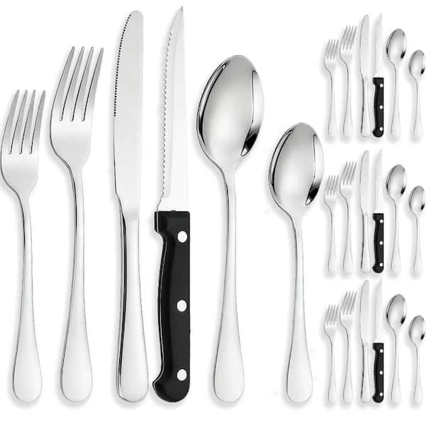 Stainless Steel Mirror-Polished Flatware Set with Steak Knives, Black Ergonomic Handles, Service for 4 (24-Piece)