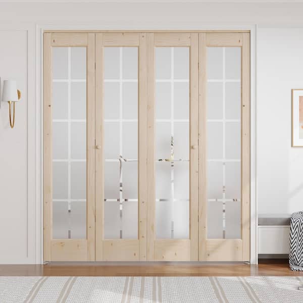 72 in. x 80 in. 3/4 Lite Frosted Glass Preassembled Solid Core Wood Spruce Bi-fold Door with Hardware