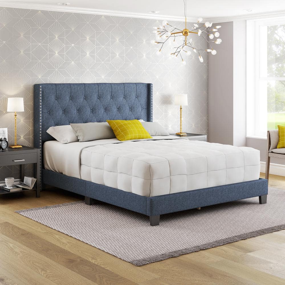 Sophia Blue Linen Queen Platform Bed with Tufted Wingback Headboard