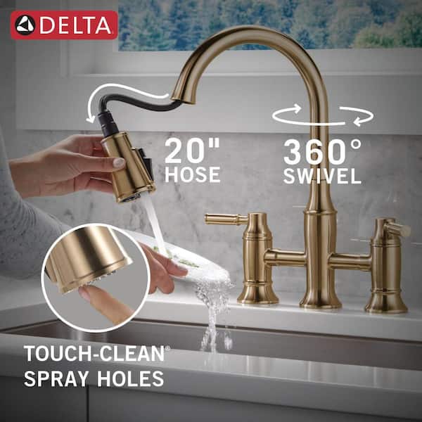 Delta Renaldi Gold Double Handle Bridge Kitchen Faucet in