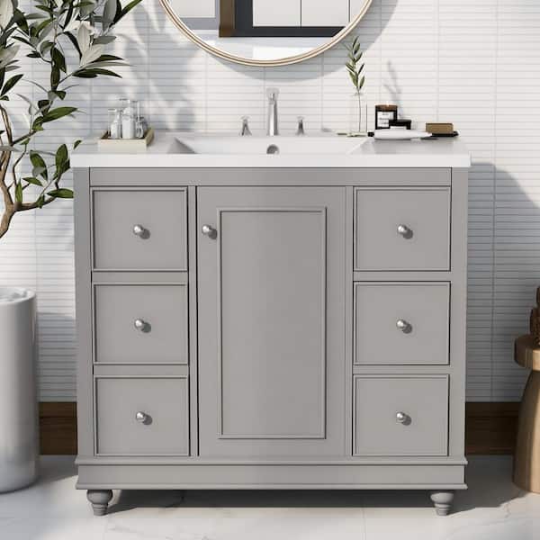 Nivencai 36 in. W x 18 in. D x 34 in. H Single Sink Freestanding Bath Vanity in Gray with White Resin Top & Adjustable Shelves