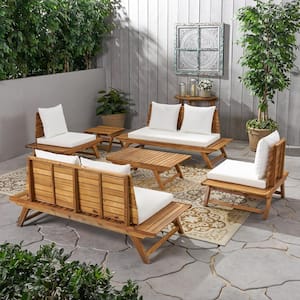Sedona Teak Brown 6-Piece Wood Outdoor Patio Conversation Set with White Cushions