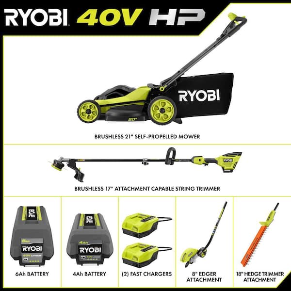 40V HP Brushless 20" Walk Behind Self-Propelled Mower, String Trimmer, Edger & Hedge Trimmer-(2) Batteries (2) Chargers