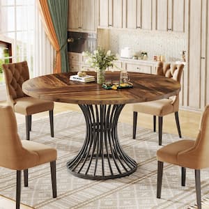 Halseey Rustic Brown Wood 47 in. Round Pedestal Dining Table with Metal Base Seats 4-6 People for Kitchen, Living Room