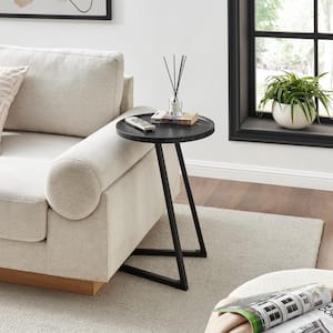 Addison 15.75 In. Round Angled Couch-Side Accent C-Table with Modern Geometric Metal Pedestal Leg - Black Marble/Black