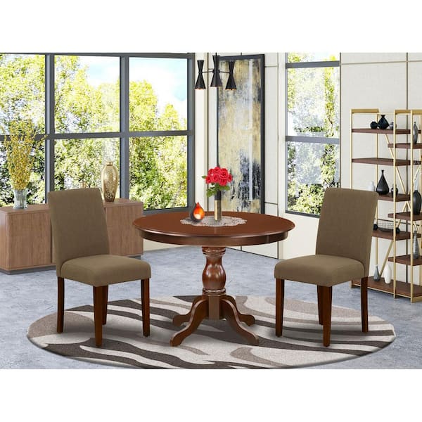 East West Furniture 3-Piece Mahogany Finish Solid Wood Top-Dining Room Set with High Back-Seats 4