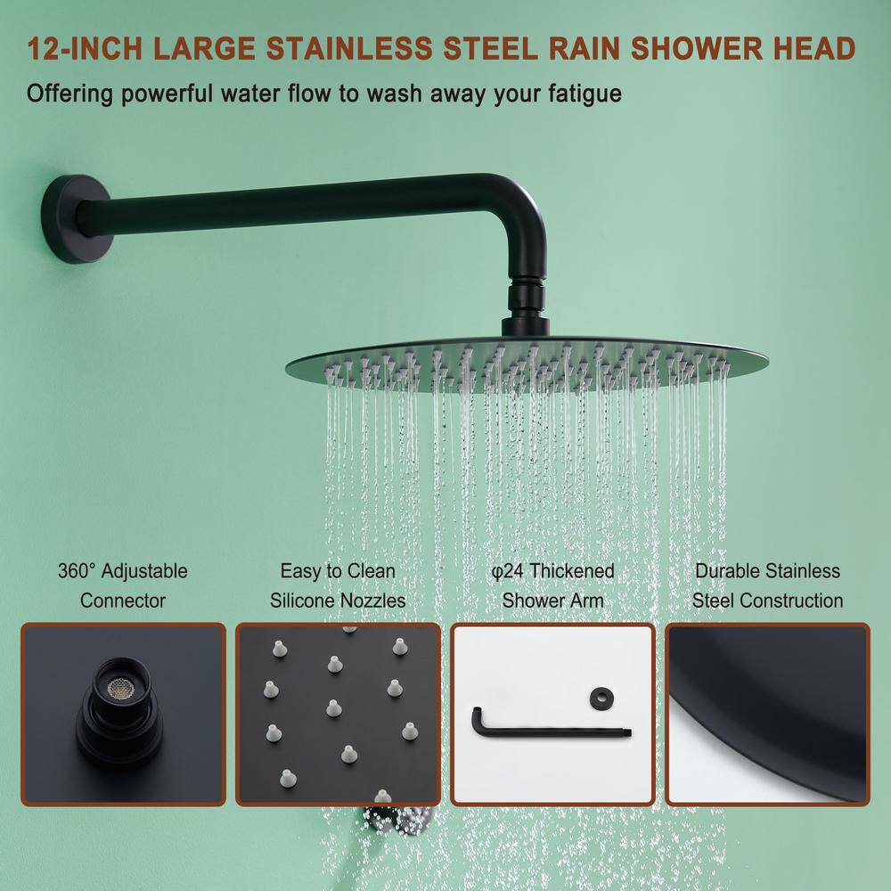 Matte Black Stainless Steel Wall Mounted Shower System with Rainfall and Body Jets