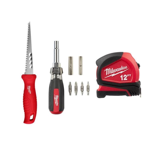 Milwaukee 6 in. Rasping Jab Saw and 12 ft. Compact Tape Measure and 13-in-1 Multi-Tip Cushion Grip Screwdriver (3-Piece)