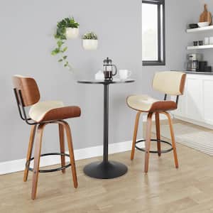 Lombardi 26.75 in. Cream Faux Leather, Walnut Wood and Black Metal Fixed-Height Counter Stool Round Footrest (Set of 2)