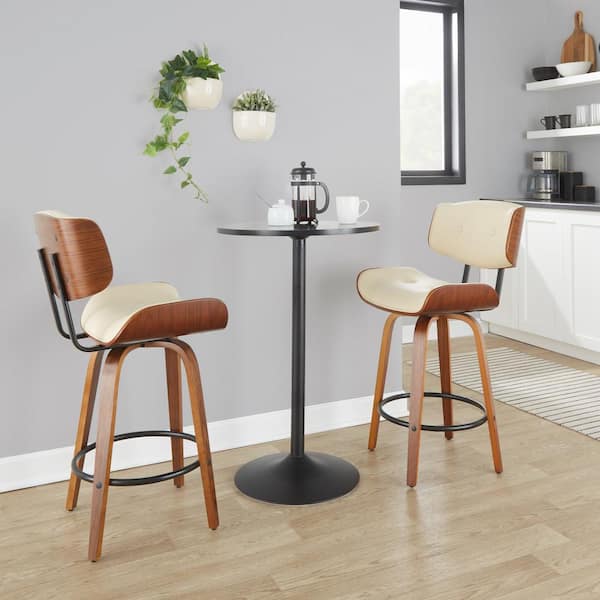 Lumisource Lombardi 26.75 in. Cream Faux Leather, Walnut Wood and Black Metal Fixed-Height Counter Stool Round Footrest (Set of 2)