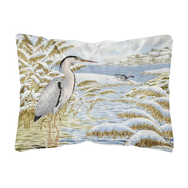 Caroline's Treasures 12 in. x 16 in. Multi-Color Lumbar Outdoor Throw Pillow Blue Heron by the Water Fabric Decorative Pillow