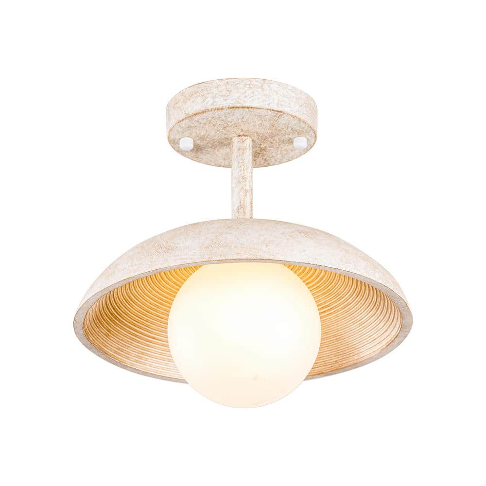 White Glass and Wood Farmhouse Semi-Flush Mount Light