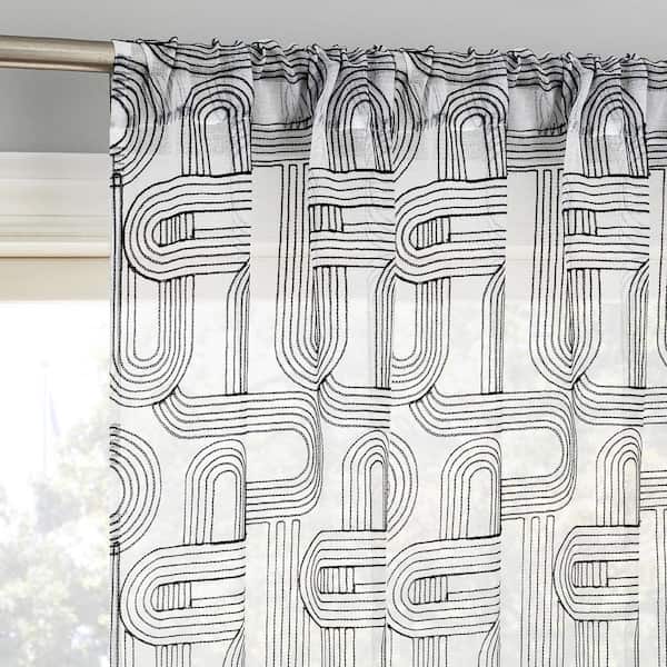 No. 918 Kaz Embroidered Retro Curves Black/White Polyester 50 in. W x 63 in. L Rod Pocket Sheer Curtain (Single Panel)
