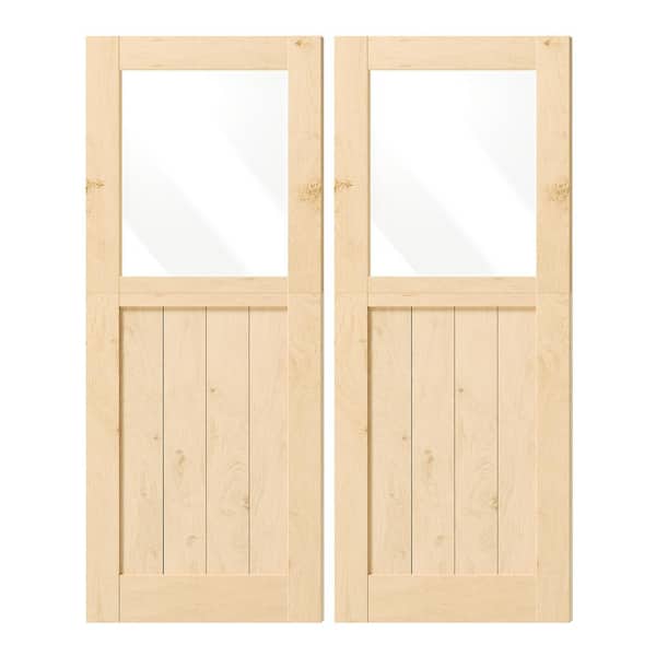 TENONER 64in. x 80 in. Finished Dutch Door, Half Bore Clear Glass Split Interior Door Slab with Natural Pine Wood Color