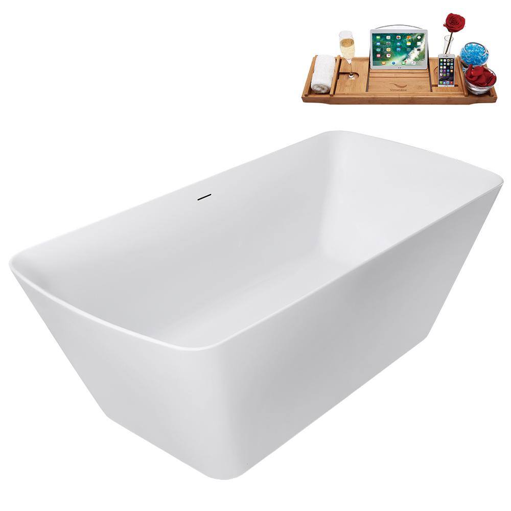 59" Glossy White Acrylic Freestanding Tub with Brushed Gold Trim