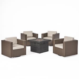 Puerta Brown 5-Piece Faux Rattan Patio Fire Pit Set with Ceramic Grey Cushions
