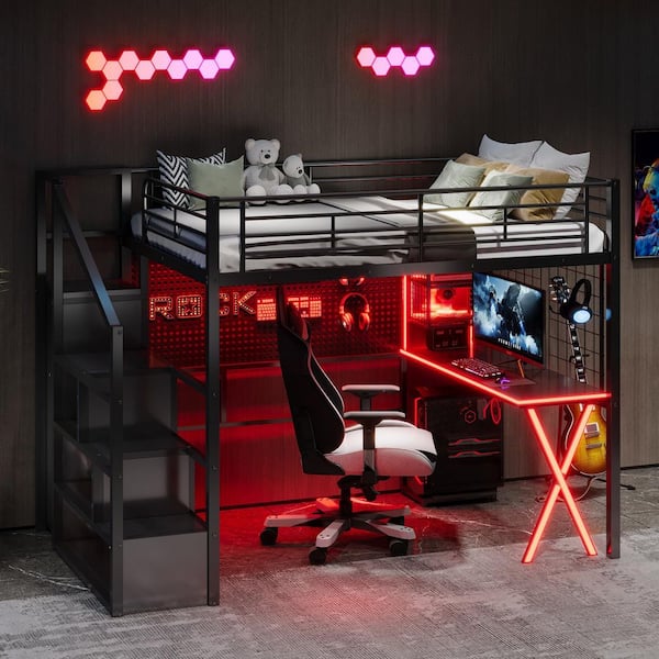 Gaming Style Black Full Size Metal and Wood Loft Bed with Built-in Desk, Wardrobe, LED Light, Storage Staircase