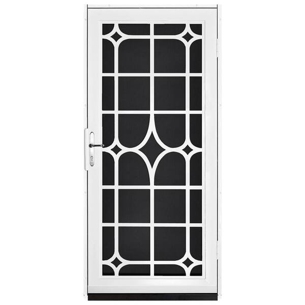 Unique Home Designs 36 in. x 80 in. Lexington White Surface Mount Steel Security Door with Black Perforated Screen and Nickel Hardware