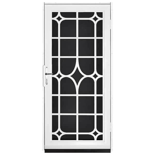 Unique Home Designs 36 in. x 80 in. Lexington White Surface Mount Steel Security Door with Black Perforated Screen and Brass Hardware