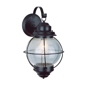Catalina 15 in. 1-Light Black Outdoor Wall Light Fixture with Seeded Glass