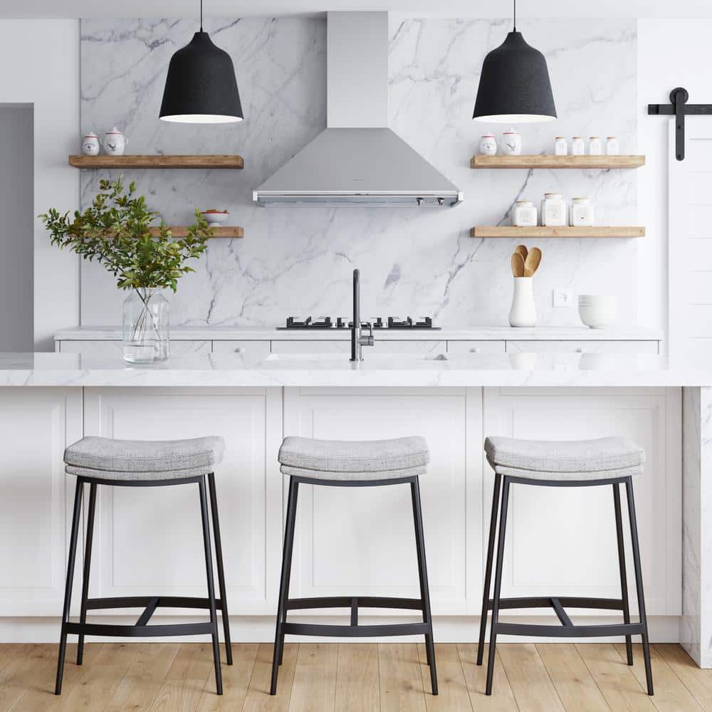 Arlo 27" Grey Upholstered Saddle Seat Backless Bar Stools, Set of 2