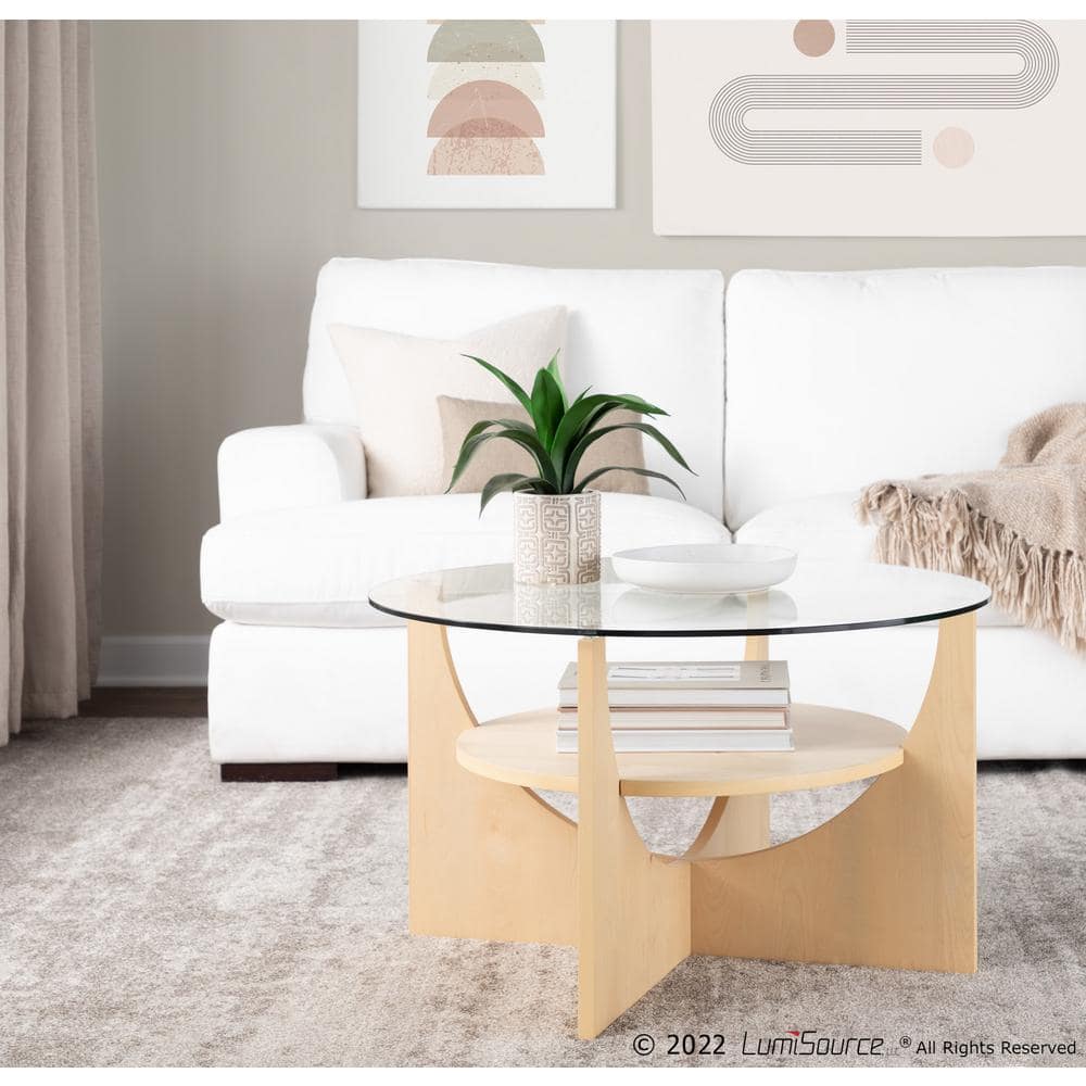 Natural Wood and Clear Glass Round Coffee Table with Floating Shelf