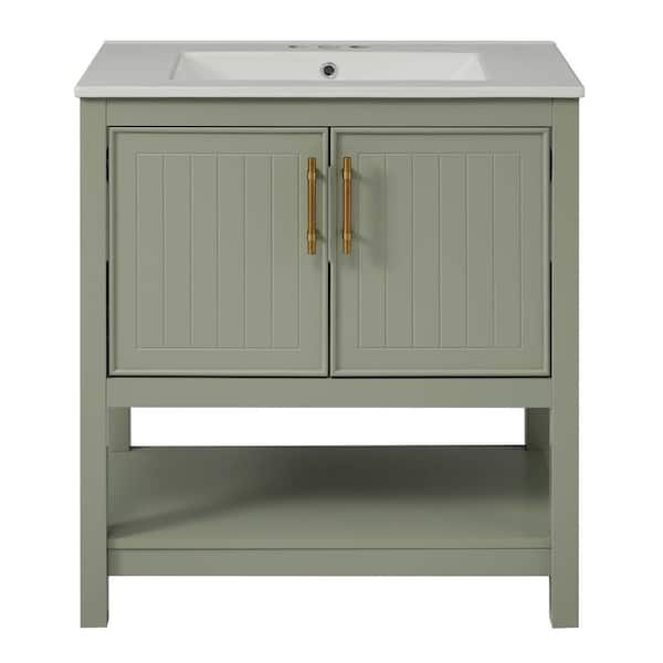 Unbranded 30 in. W Freestanding Bath Vanity in Green with White Ceramic Top and Versatile Storage