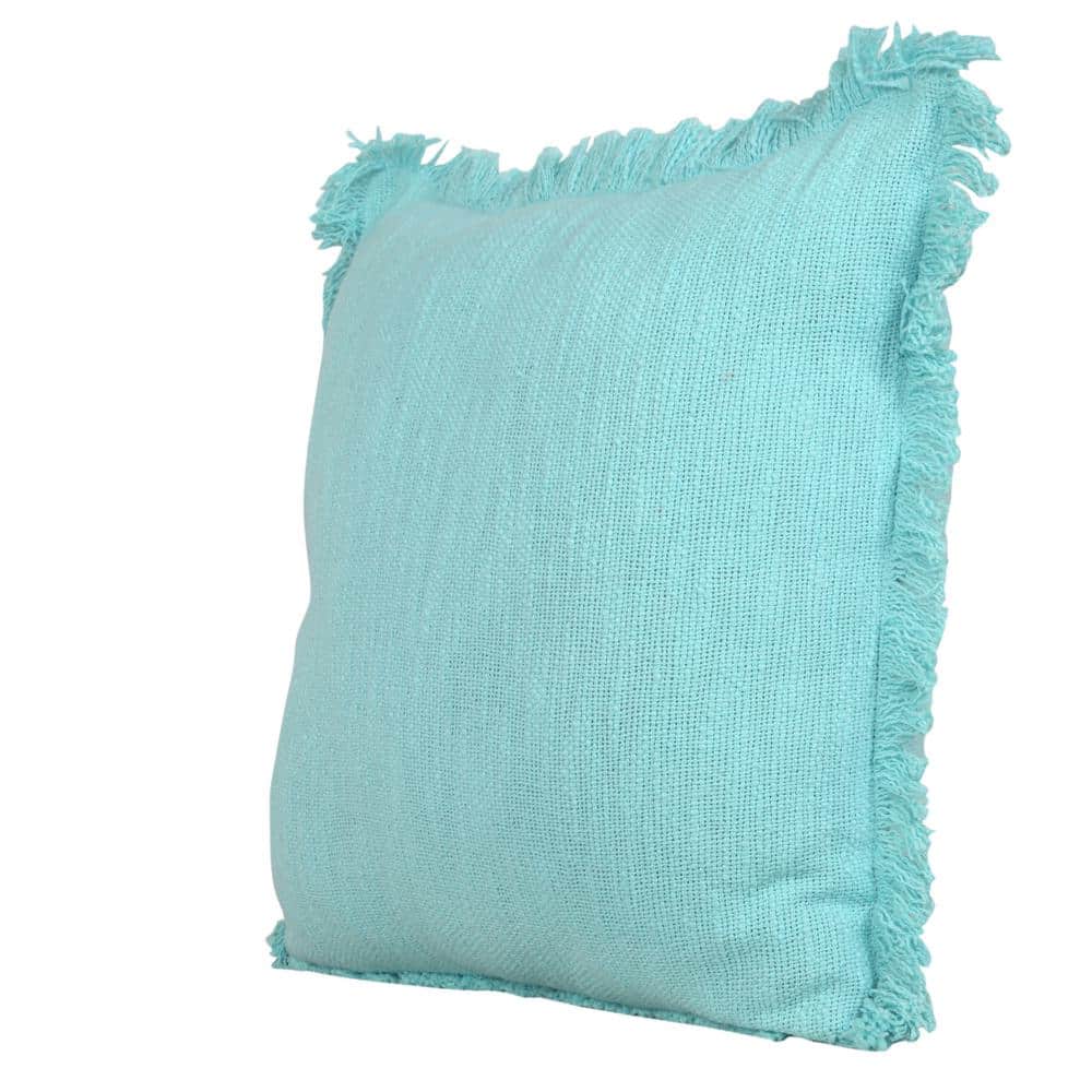 Aqua Blue Cotton Fringed 20" Square Throw Pillow