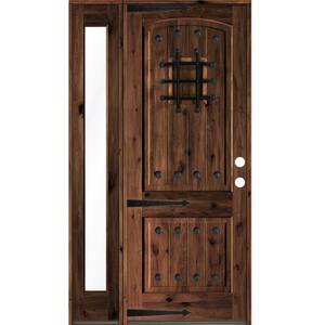44 in. x 96 in. Mediterranean Knotty Alder Left-Hand/Inswing Clear Glass Red Mahogany Stain Wood Prehung Front Door