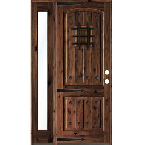 Krosswood Doors 44 in. x 96 in. Mediterranean Knotty Alder Left-Hand/Inswing Clear Glass Red Mahogany Stain Wood Prehung Front Door