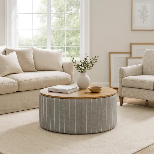 Jena Gray and Brown Fabric Round Storage Ottoman