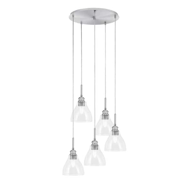 Unbranded Albany 60-Watt 19.5 in. 5-Light Brushed Nickel Cord Pendant Light Clear Bubble Glass Shade