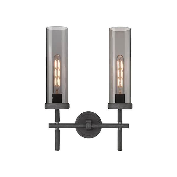 Innovations Lincoln 13.88 in. 2-Light Weathered Zinc Vanity Light with Glass Shade