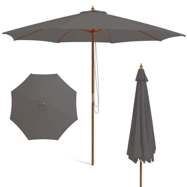 Costway 10 ft. Wooden Market Table Patio Umbrella Pulley with 8 Bamboo Ribs Sunshade Canopy in Gray