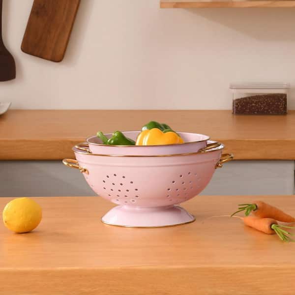 Pink 3.5 qt. and 5 qt. Metal Colander Set with Handles, Powder Coated Self for Pasta Vegetable Fruit (Set of 2)
