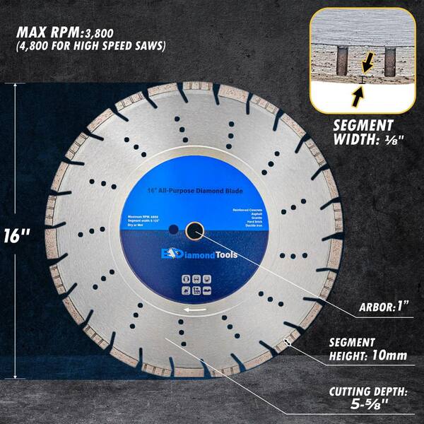 16 Inch Diamond Concrete Saw Blade, Segmented General Purpose Blade Dry/Wet C
