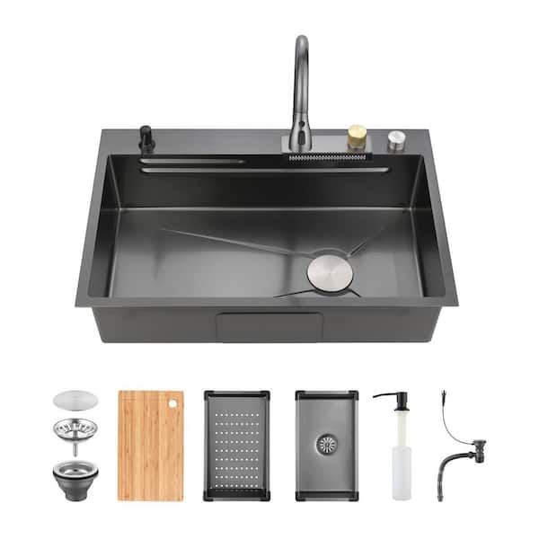33 in. Drop-In Single Bowl 20 Gauge Gunmetal Black Stainless Steel Workstation Kitchen Sink with Faucet, Soap Dispenser