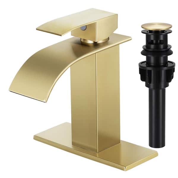 Waterfall Spout Single Handle Single Hole Bathroom Faucet with Deckplate and Pop-up Drain in Brushed Gold