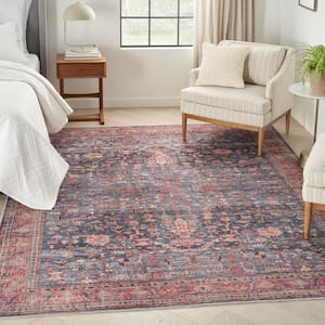 Machine Washable Brilliance Navy/Brick 5 ft. x 7 ft. Floral Traditional Area Rug