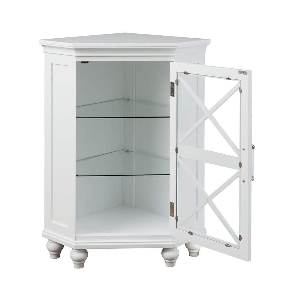 Classic White Corner Cabinet with Blue Accents and Adjustable Shelves