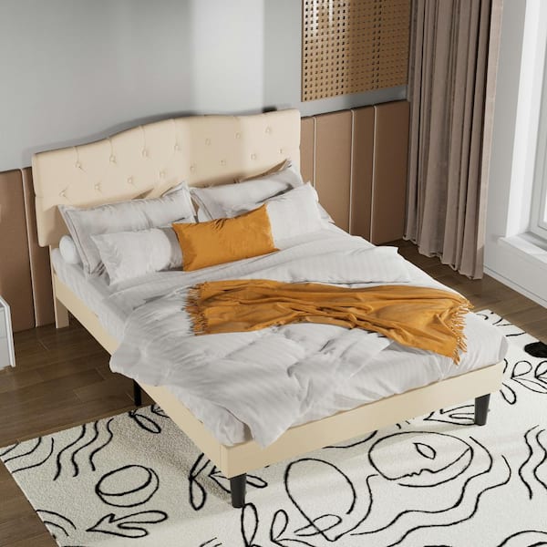 VECELO Bed Frame with Button, Beige Wood Frame Slat Support Easy Assembly Full Platform Bed Frame With Upholstered Headboard