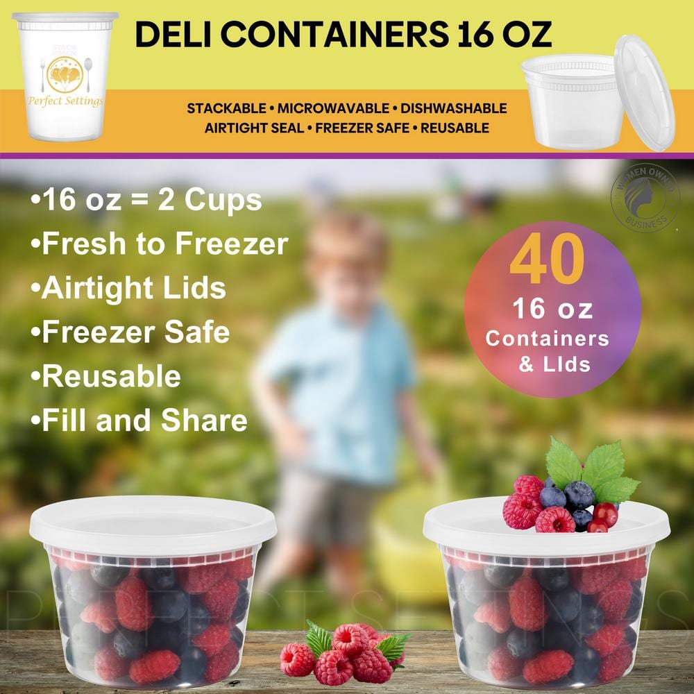 Clear 16oz Plastic Meal Prep Containers with Snap Lids, Set of 40
