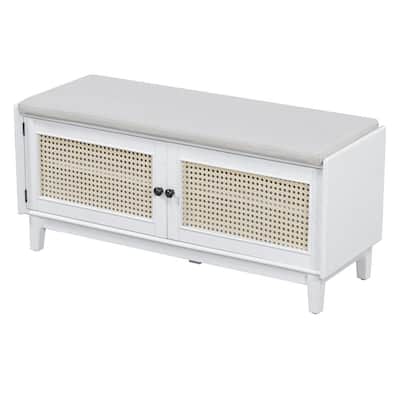 19.9 in. H x 43 in. W White and Beige Entryway Shoe Storage Bench with Cushion and Rattan Doors