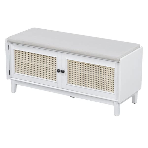 19.9 in. H x 43 in. W White and Beige Entryway Shoe Storage Bench with Cushion and Rattan Doors