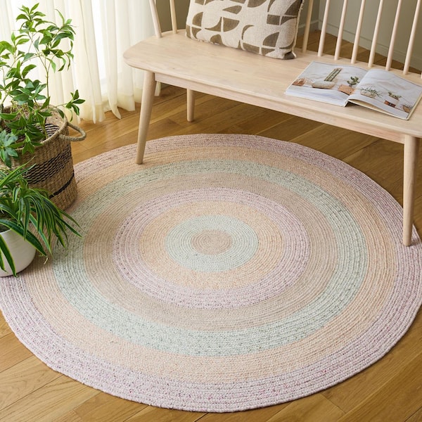 Braided 3 ft. x 3 ft. Round Pink/Sage Concentric Pastel Area Rug