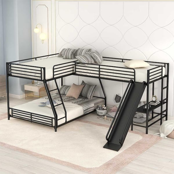 Black L-Shaped Twin over Full Bunk Bed with Twin Size Loft Bed, Built-in Desk and Slide